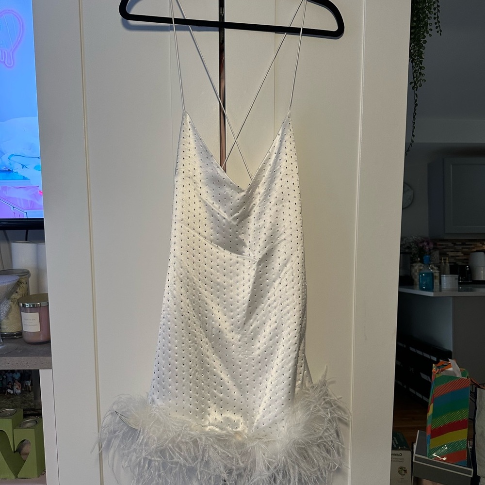 Retrofete White Feather-Trim Mini Dress